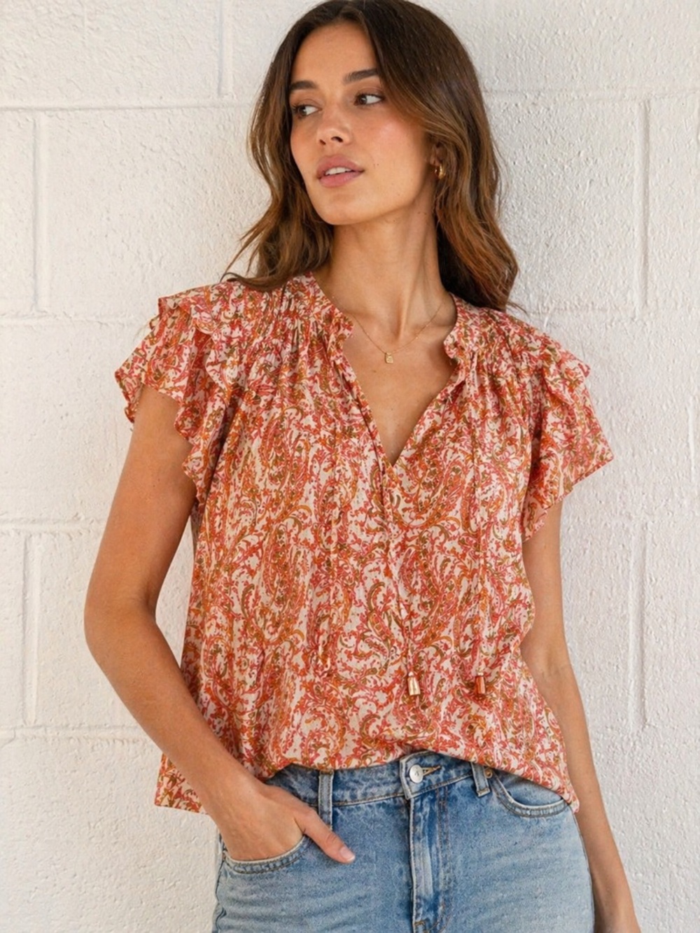 CeCe Paisley Print Flutter Sleeve Top